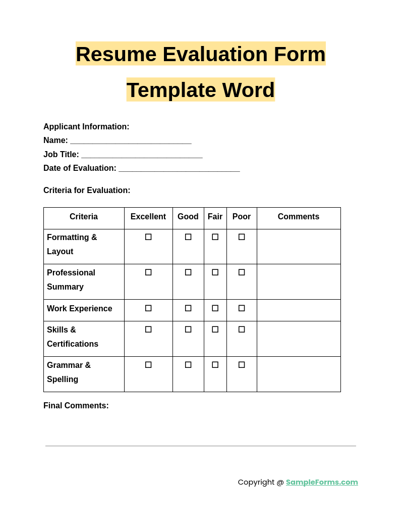 resume evaluation form template word