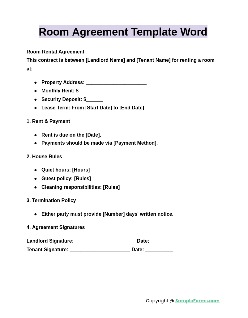 room agreement template word 