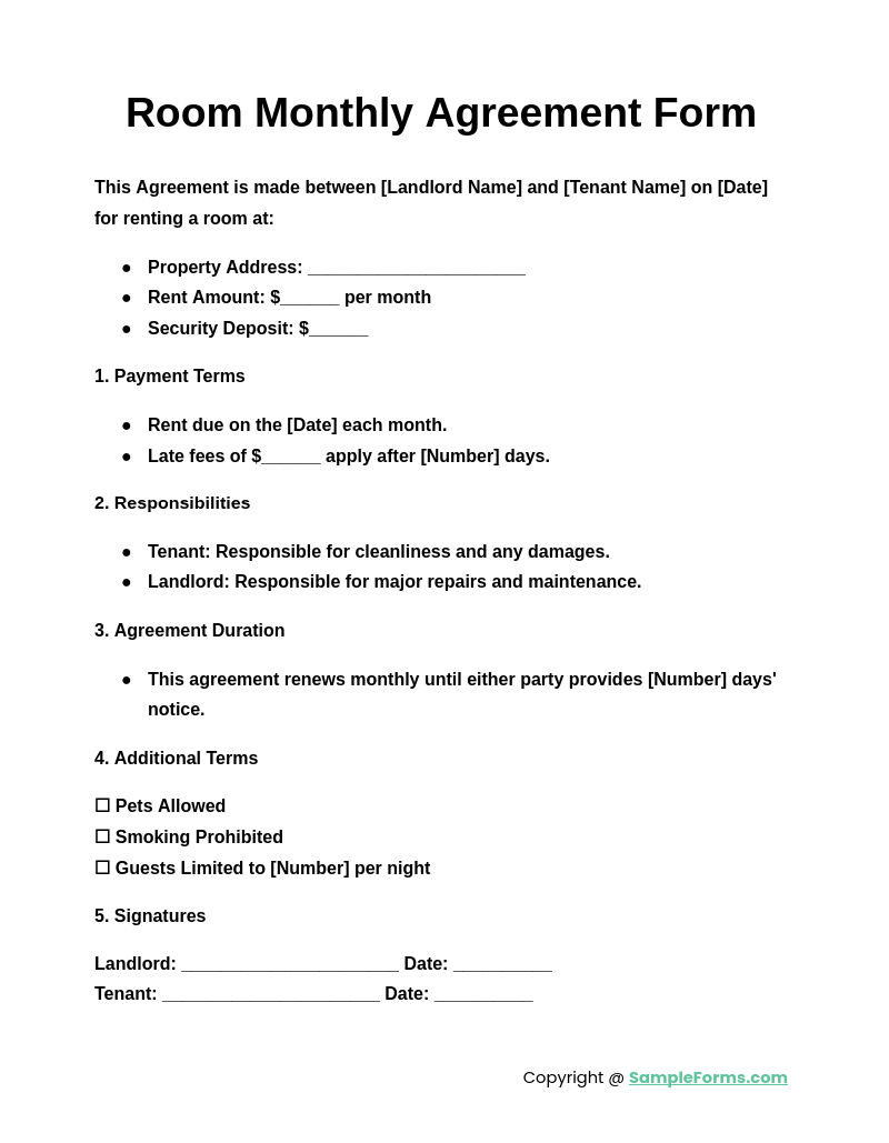 room monthly agreement form