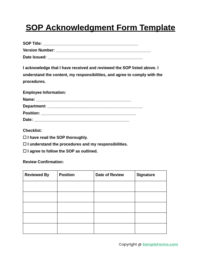 sop acknowledgment form template