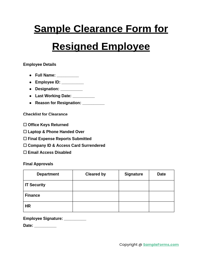 sample clearance form for resigned employee