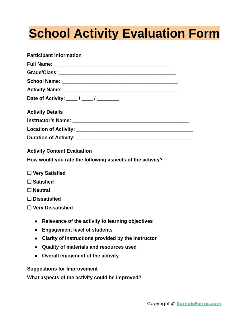 school activity evaluation form