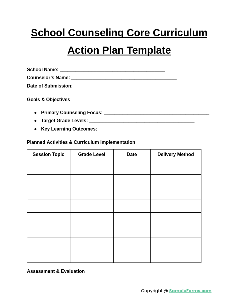 school counseling core curriculum action plan template