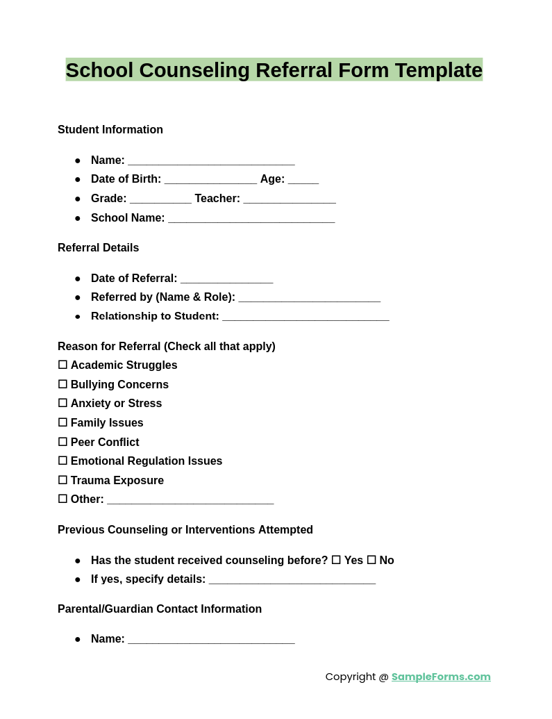 school counseling referral form template