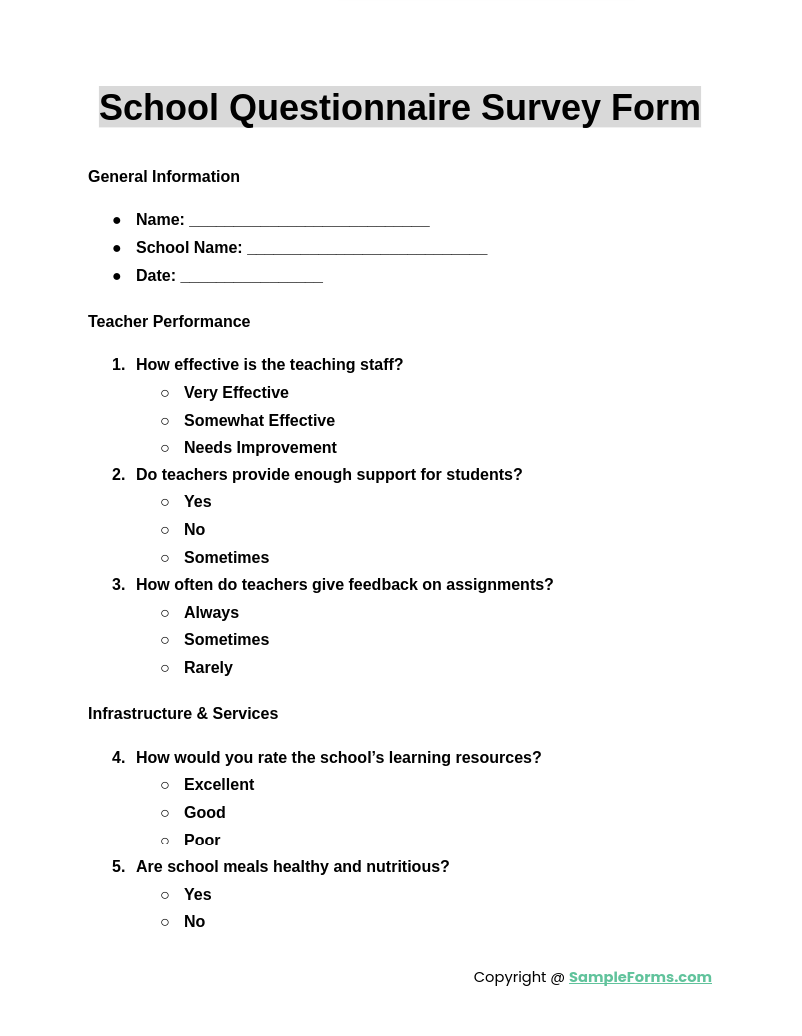 school questionnaire survey form