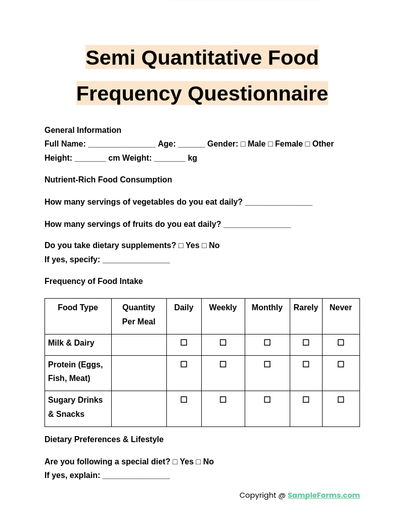 semi quantitative food frequency questionnaire