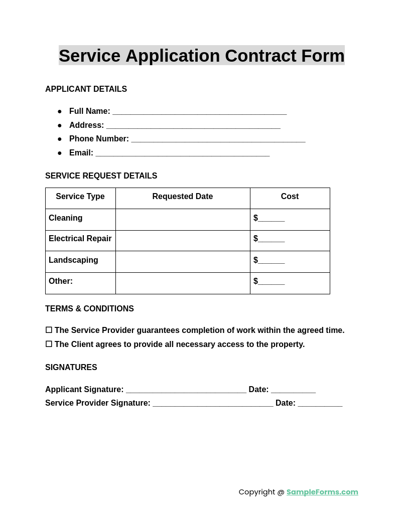 service application contract form