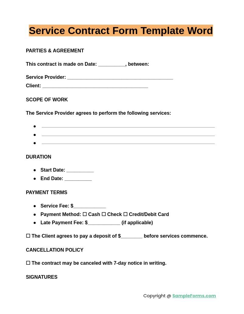 service contract form template word