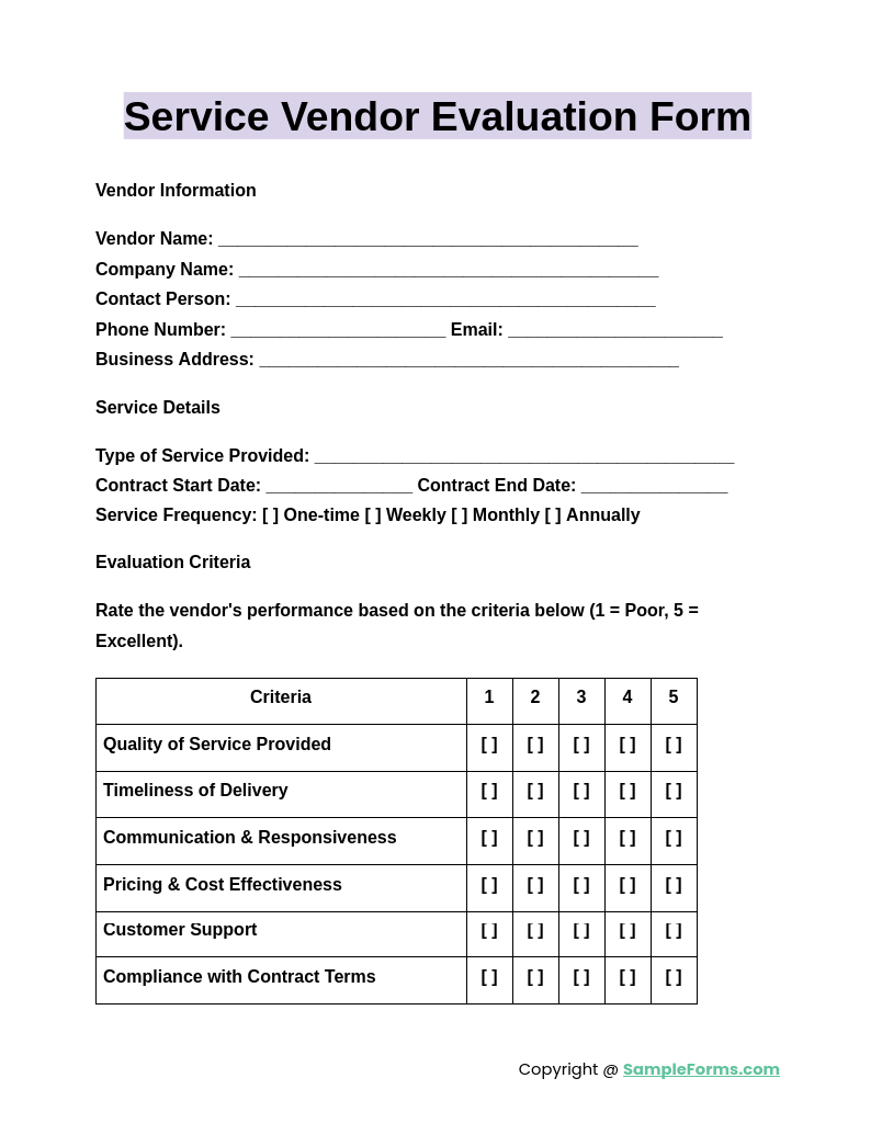 service vendor evaluation form