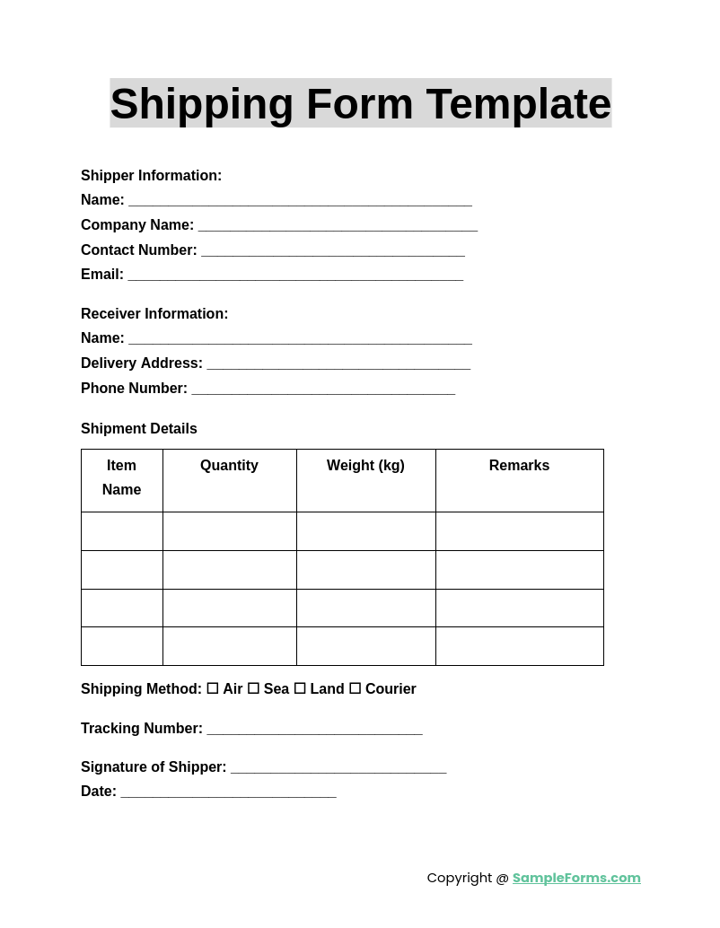 shipping form template