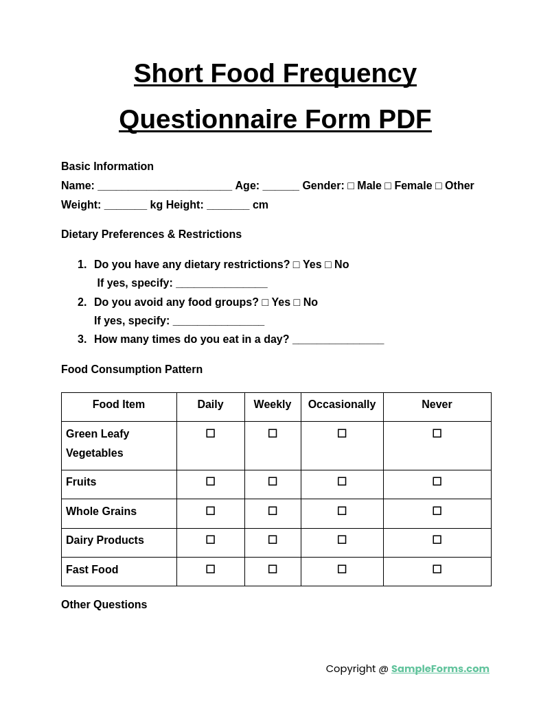 short food frequency questionnaire form pdf