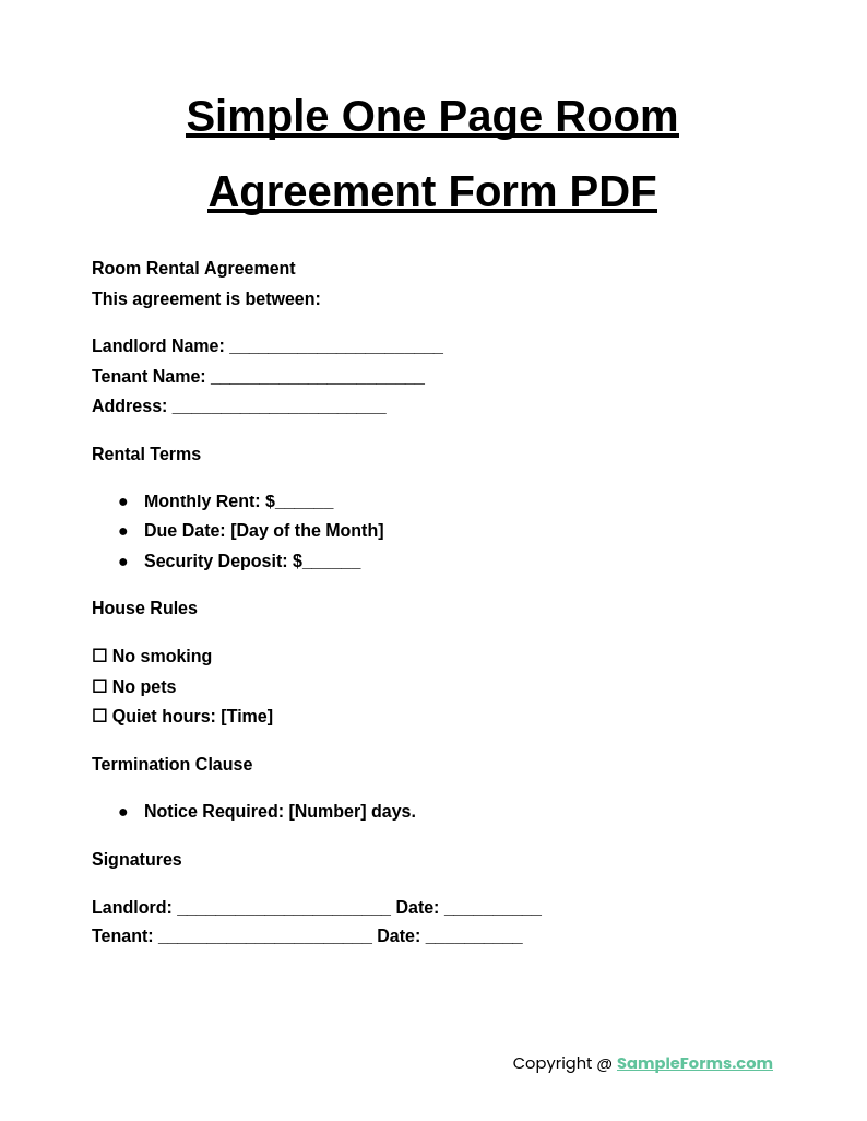 simple one page room agreement form pdf