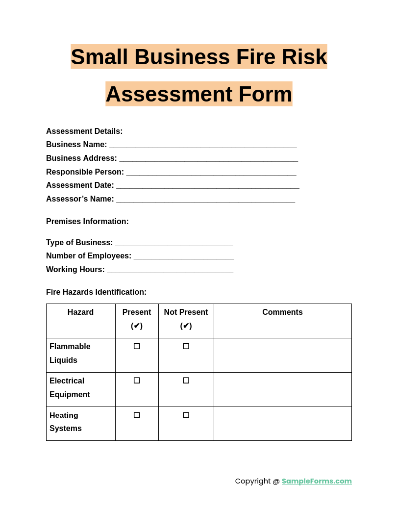 small business fire risk assessment form