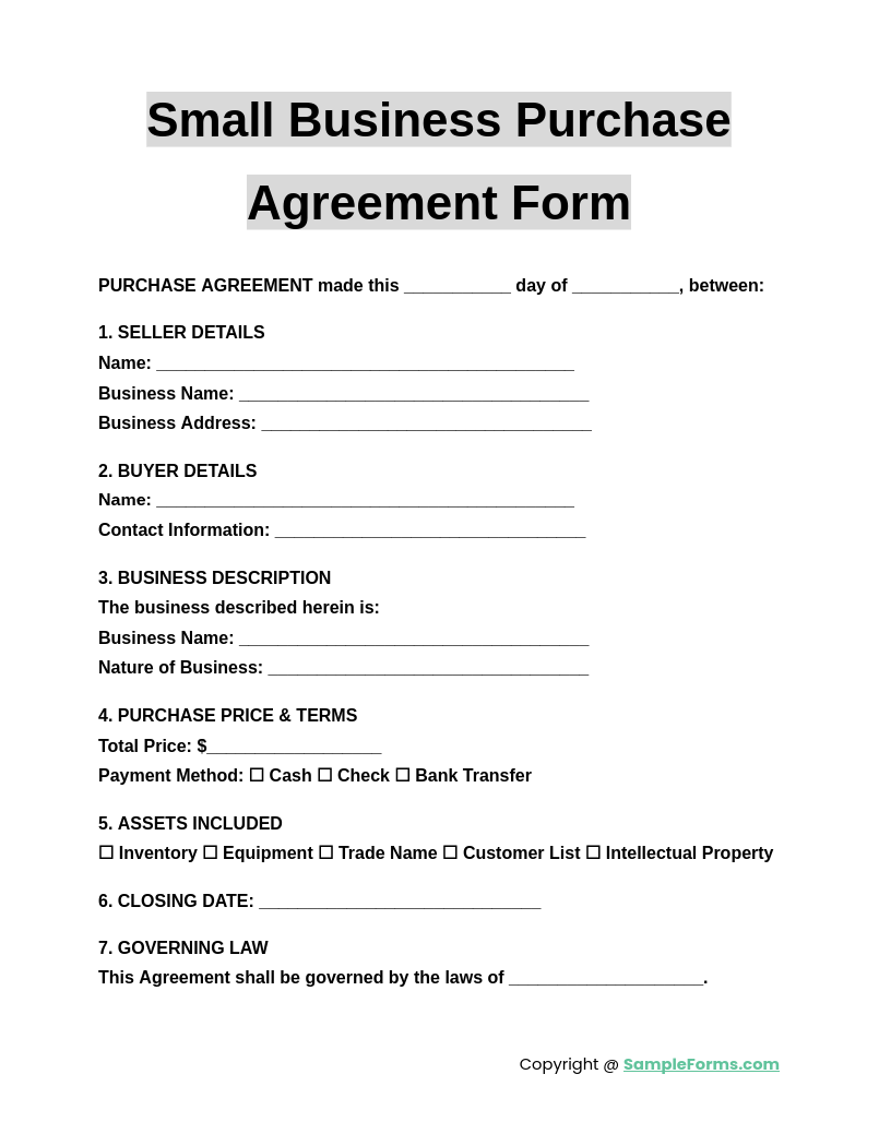 small business purchase agreement form