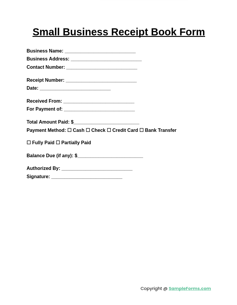 small business receipt book form