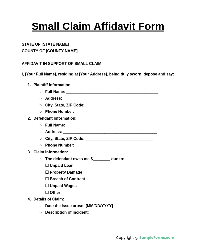 small claim affidavit form