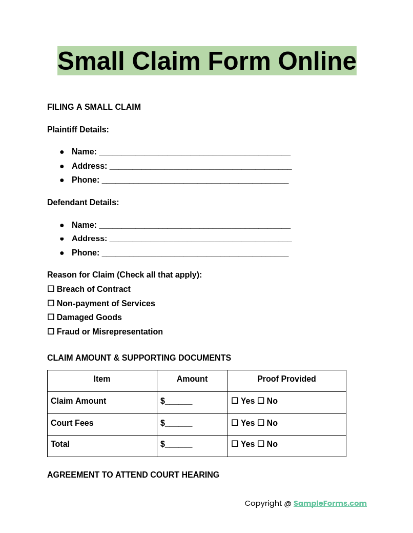 small claim form online