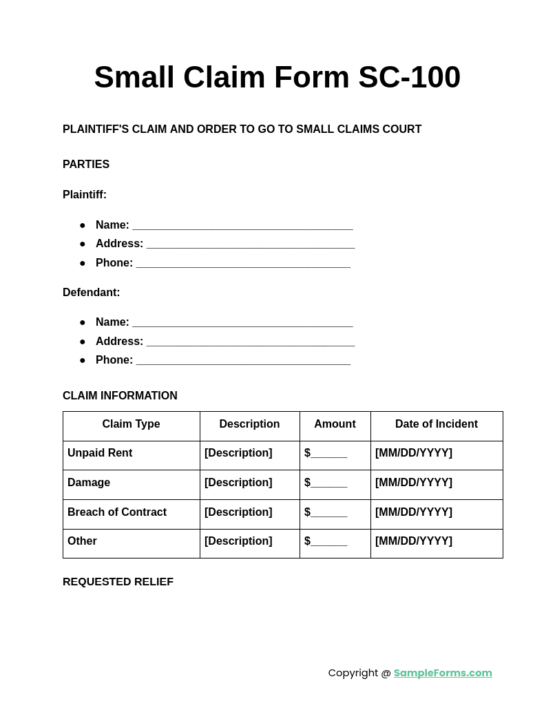 small claim form sc 100