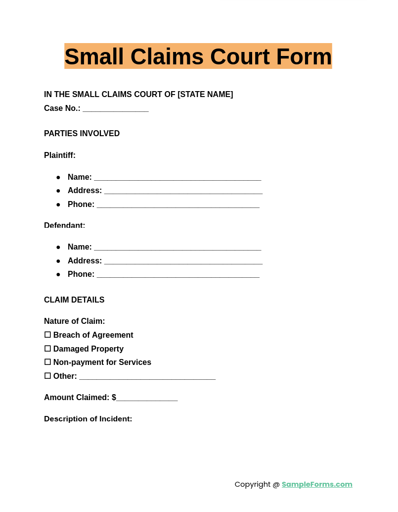 small claims court form