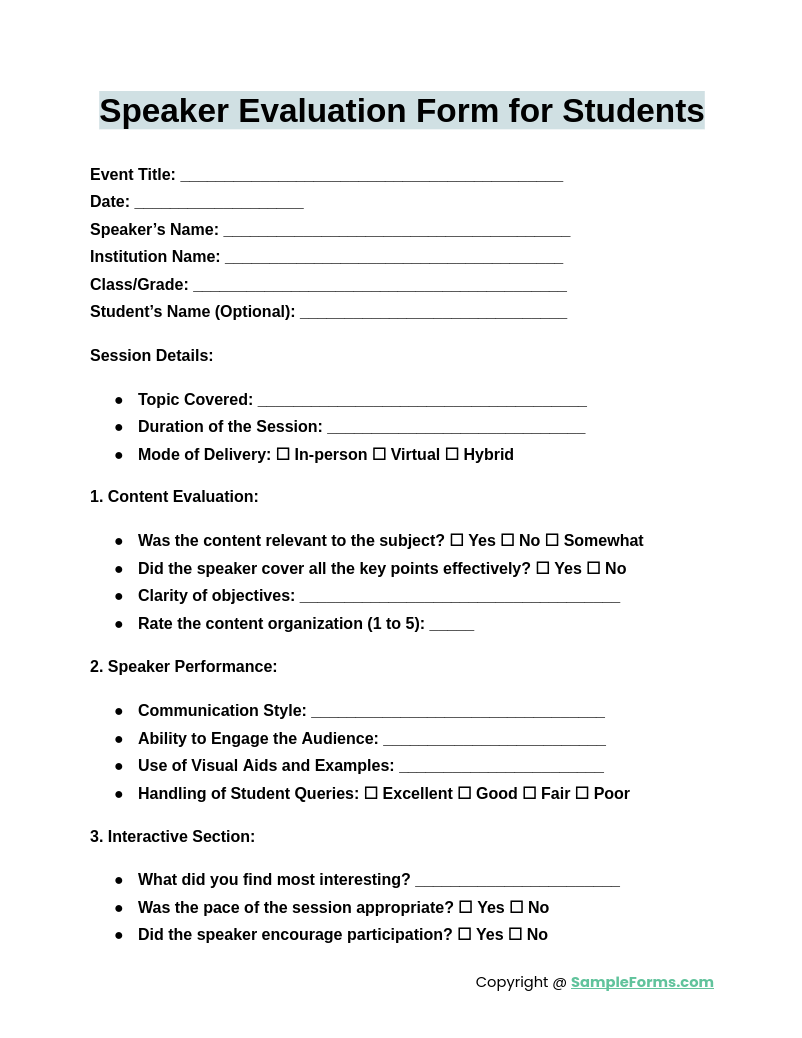 speaker evaluation form for students