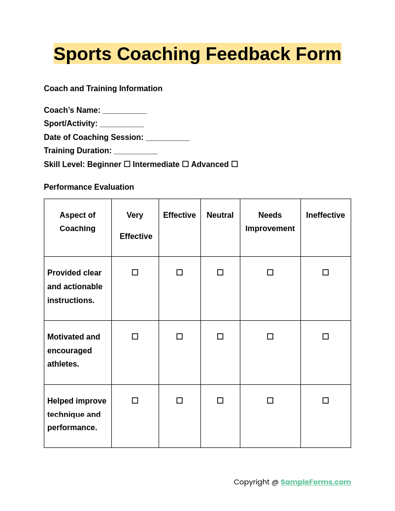 sports coaching feedback form