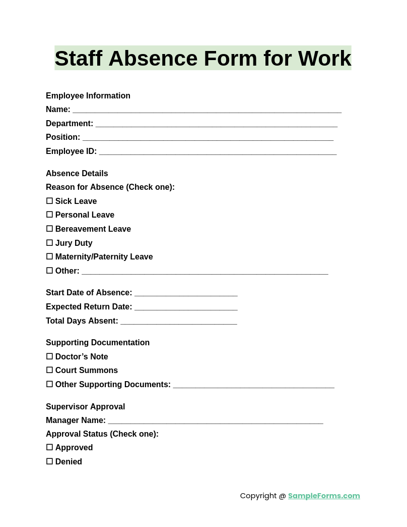 staff absence form for work