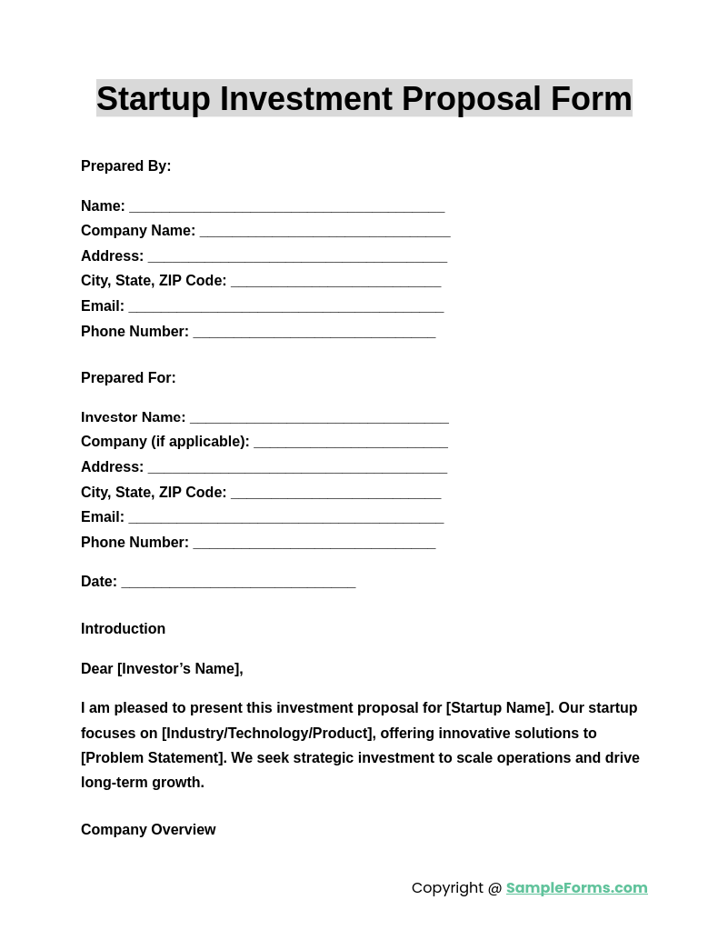 startup investment proposal form