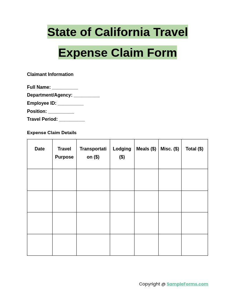 state of california travel expense claim form