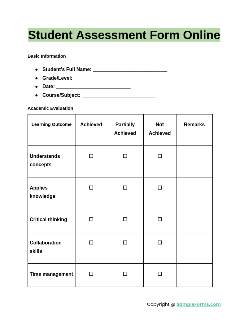 student assessment form online