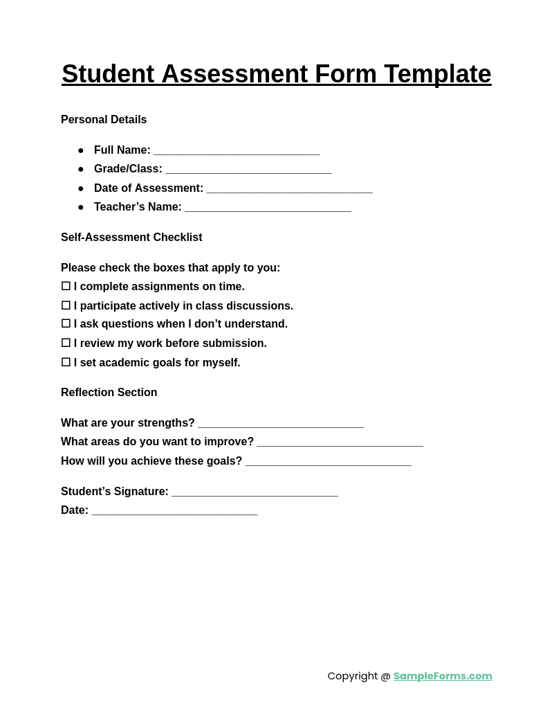 student assessment form template