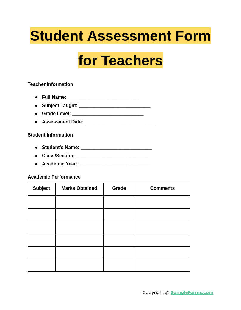 student assessment form for teachers