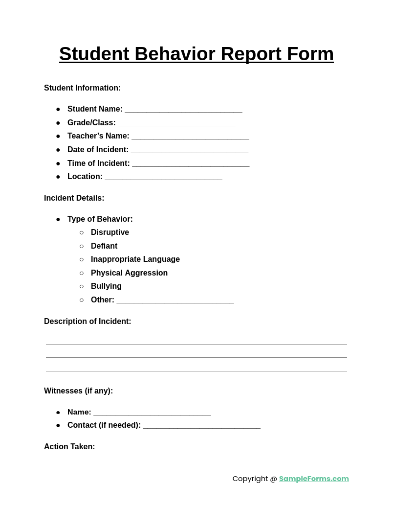 student behavior report form