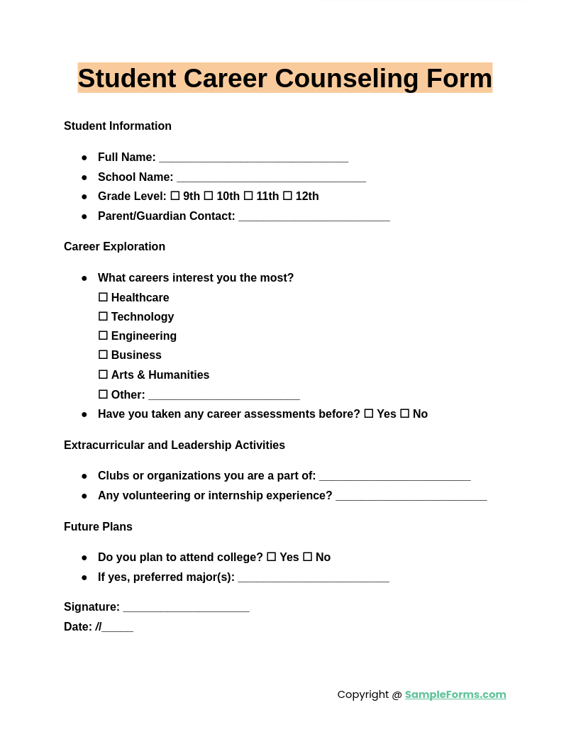 student career counseling form