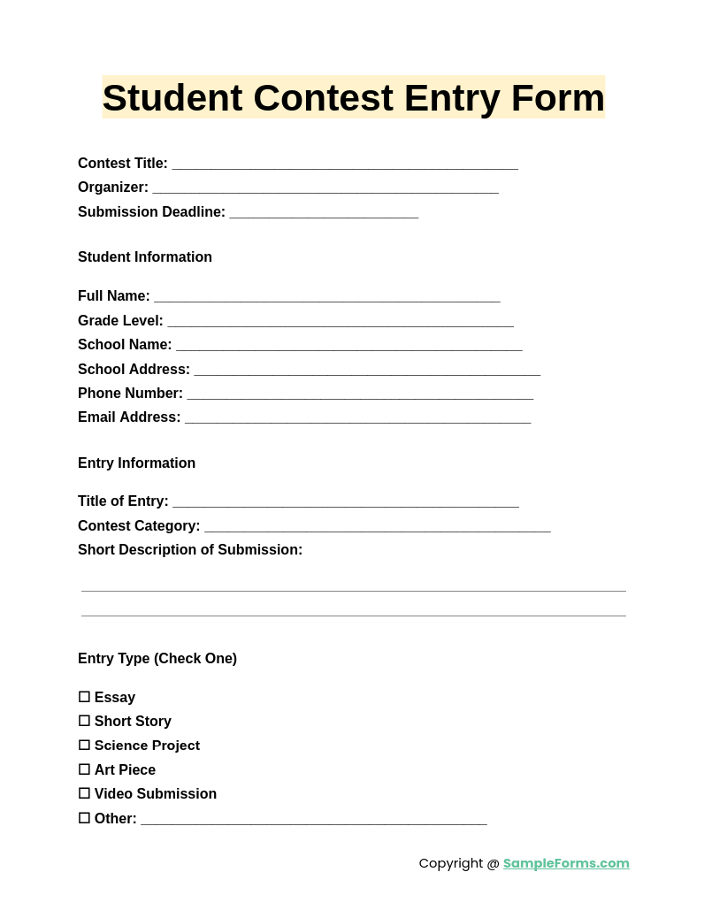 student contest entry form