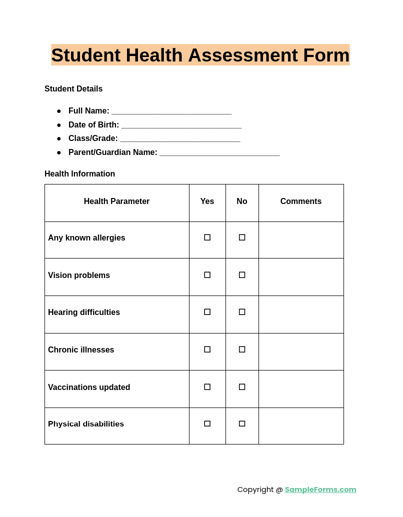 student health assessment form