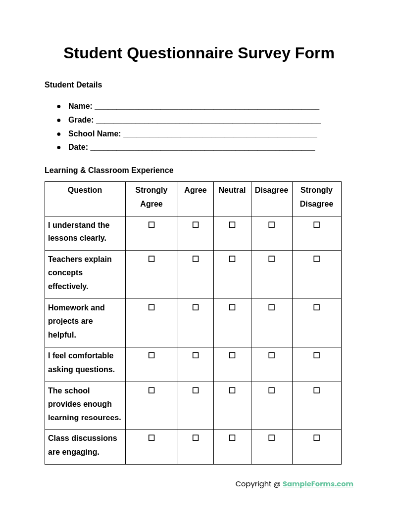 student questionnaire survey form