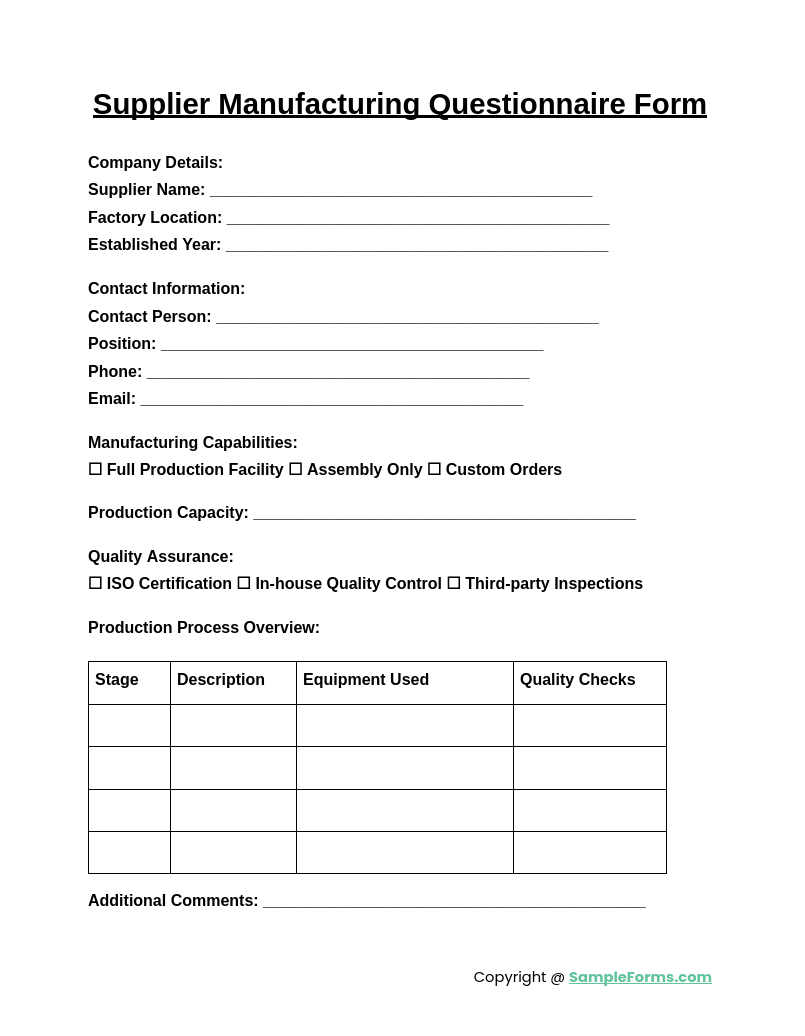 supplier manufacturing questionnaire form