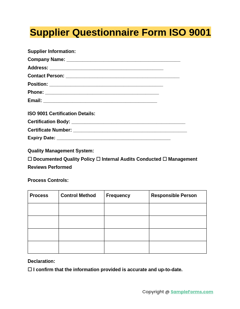 supplier questionnaire form iso 9001