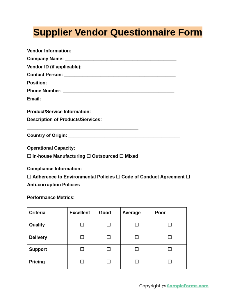 supplier vendor questionnaire form