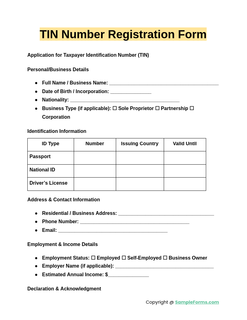 tin number registration form