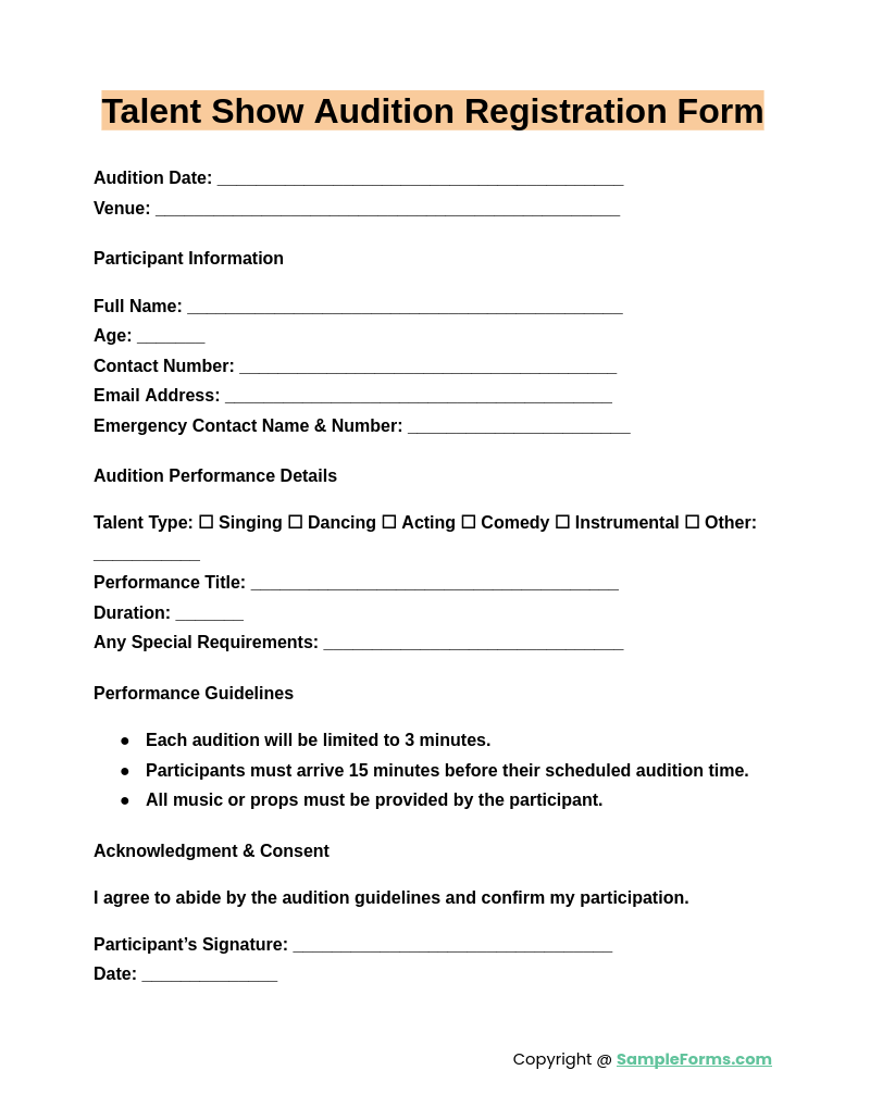 talent show audition registration form