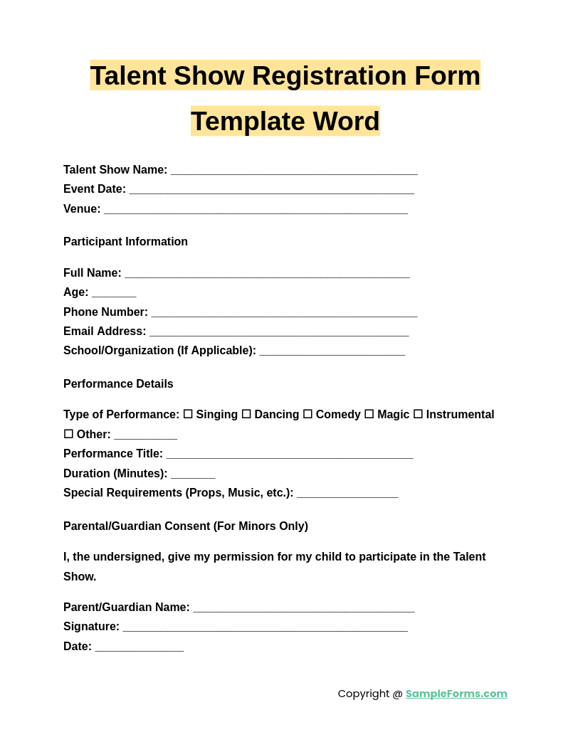 talent show registration form template word