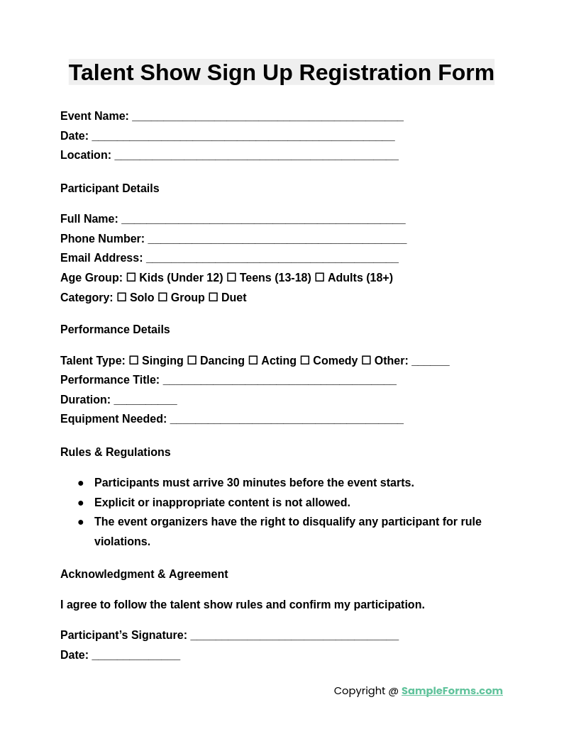 talent show sign up registration form