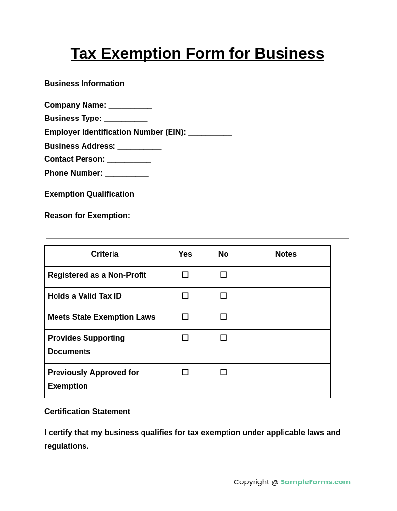 tax exemption form for business