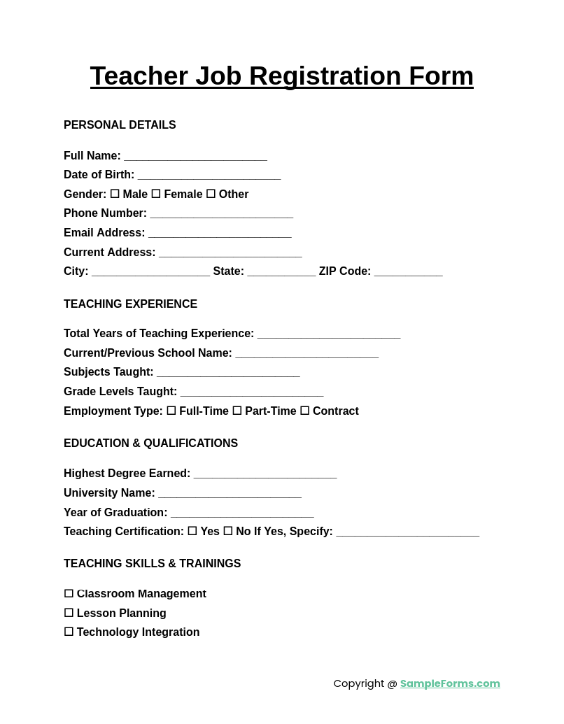 teacher job registration form