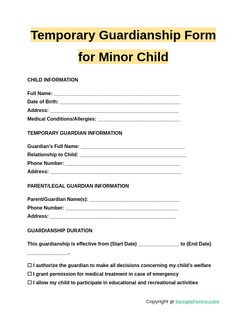 temporary guardianship form for minor child