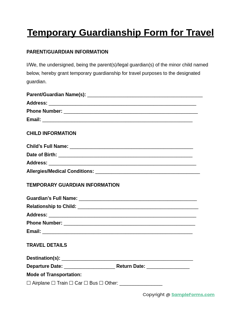 temporary guardianship form for travel