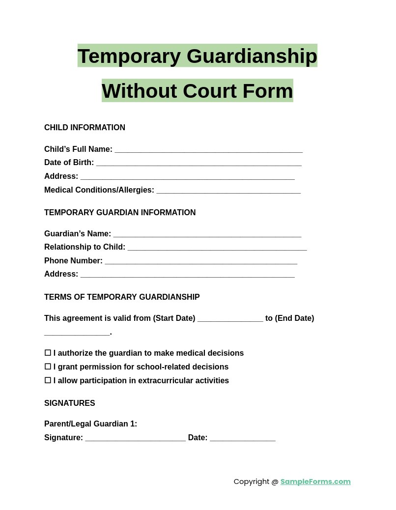 temporary guardianship without court form