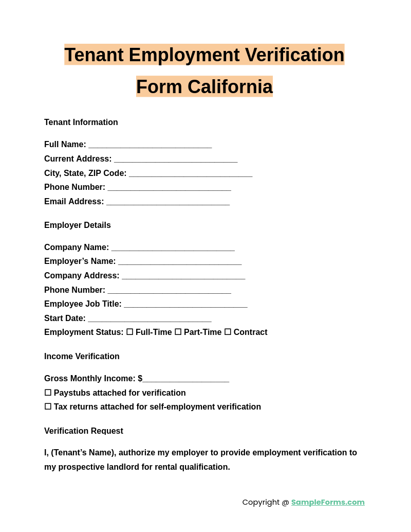 tenant employment verification form california