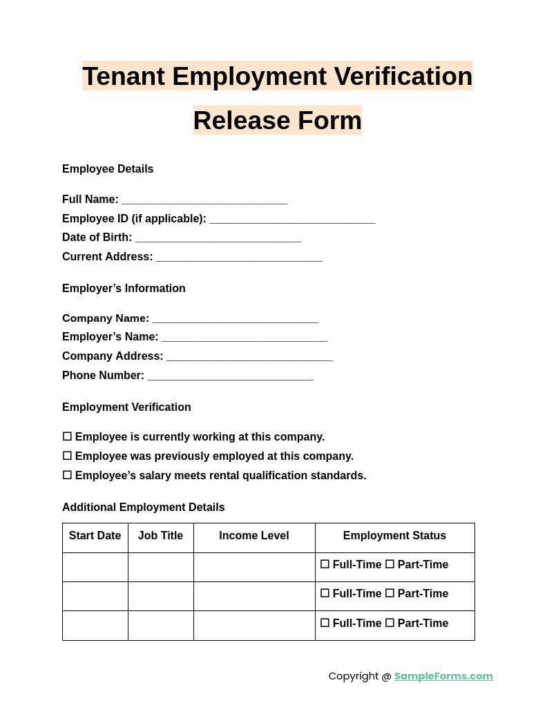 tenant employment verification release form